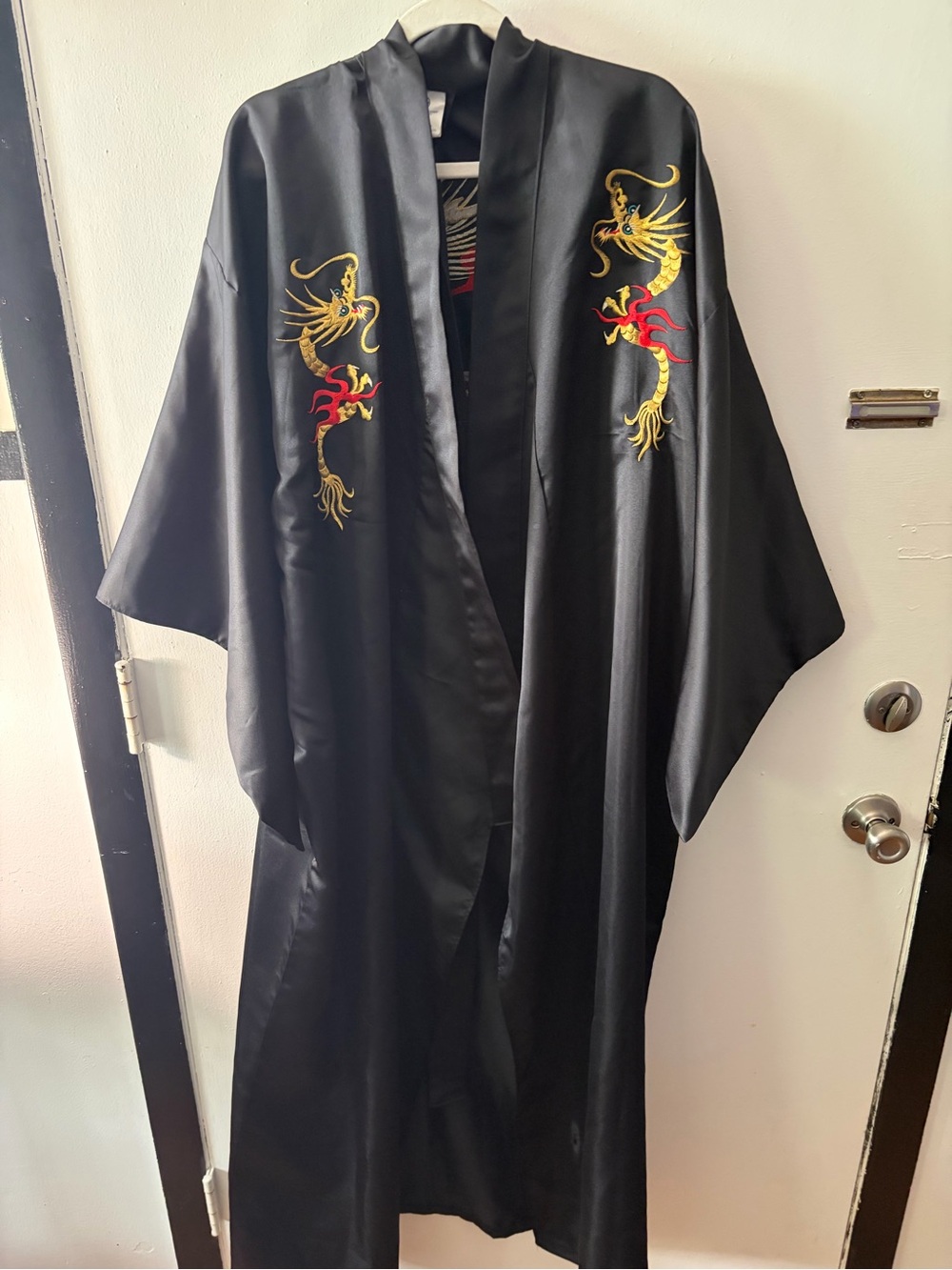Black Satin Unisex Dragon Kimono Jacket-small hole on bottom fits L-4XL